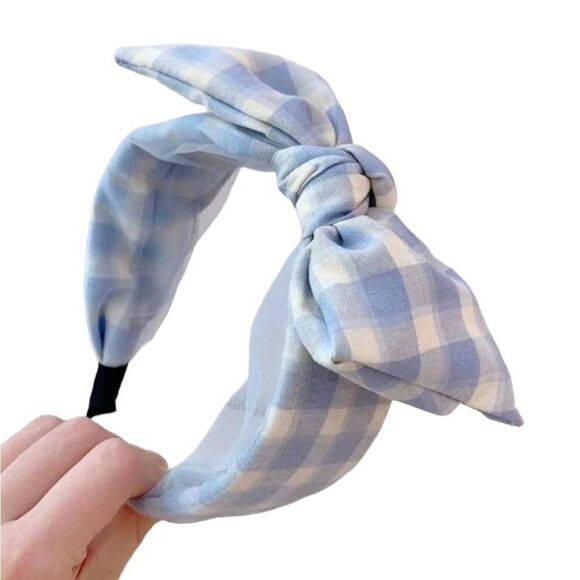 Blue Gingham Plaid Bow Headband - Picture 3 of 4